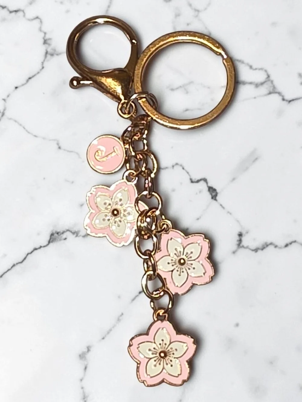 Gold-Tone Pink & White Floral Charm Keychain with Various Initial Charms- NEW